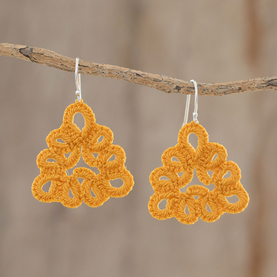 Hand-tatted dangle earrings, 'Petal Essence in Saffron' - Triangular Hand-Tatted Dangle Earrings in Saffron