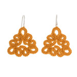 Hand-tatted dangle earrings, 'Petal Essence in Saffron' - Triangular Hand-Tatted Dangle Earrings in Saffron