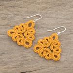 Hand-tatted dangle earrings, 'Petal Essence in Saffron' - Triangular Hand-Tatted Dangle Earrings in Saffron