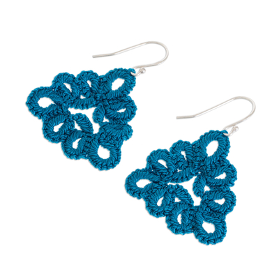 Hand-tatted dangle earrings, 'Petal Essence in Azure' - Hand-Tatted Triangular Dangle Earrings in Azure