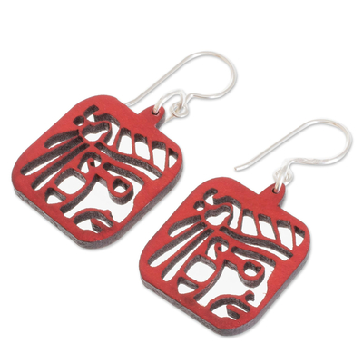 Recycled wood dangle earrings, 'Mayan Essence in Red' - Mayan-Themed Recycled Wood Dangle Earrings in Red