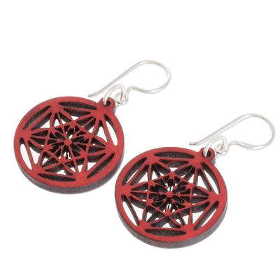 Recycled wood dangle earrings, 'Stellar Magic in Red' - Star Pattern Recycled Wood Dangle Earrings in Red