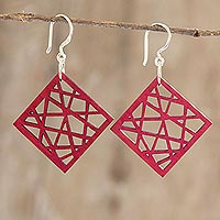 Recycled wood dangle earrings, 'Geometric Composition'