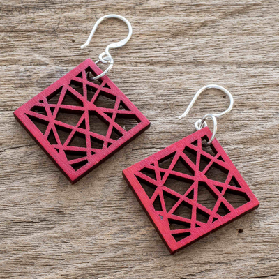 Recycled wood dangle earrings, 'Geometric Composition' - Geometric Recycled Wood Dangle Earrings in Red