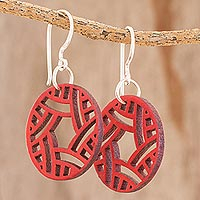 Recycled wood dangle earrings, 'Circular Imagination' - Circular Recycled Wood Dangle Earrings in Red from Guatemala