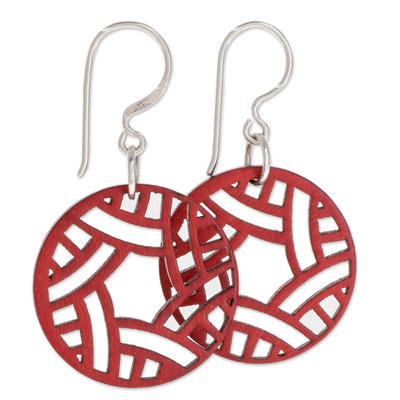 Recycled wood dangle earrings, 'Circular Imagination' - Circular Recycled Wood Dangle Earrings in Red from Guatemala