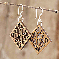 Reclaimed wood dangle earrings, 'Web Design' - Hand Carved Reclaimed Wood Earrings