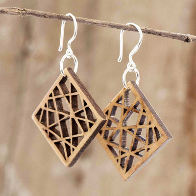 Reclaimed wood dangle earrings, 'Web Design' - Hand Carved Reclaimed Wood Earrings