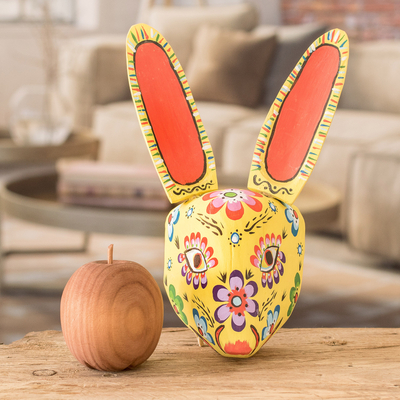 Wood mask, 'Floral Rabbit in Yellow' - Wood Floral Rabbit Mask in Yellow from Guatemala