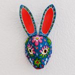 Wood mask, 'Floral Rabbit in Blue' - Wood Floral Rabbit Mask in Blue from Guatemala