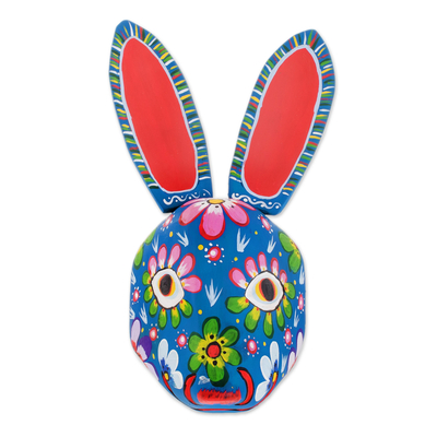 Wood mask, 'Floral Rabbit in Blue' - Wood Floral Rabbit Mask in Blue from Guatemala