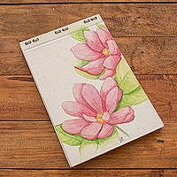 Hand painted journal, 'Pink Blossoms' (8 inch) - Pink Flora Journal with Recycled Paper (8 in.)