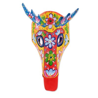 Wood mask, 'Floral Deer in Yellow' - Floral Wood Deer Mask in Yellow from Guatemala
