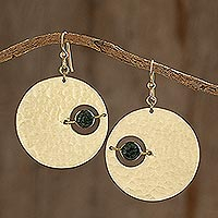 Jade dangle earrings, 'Modern Saturn in Brass' - Modern Jade Dangle Earrings with Brass Circles