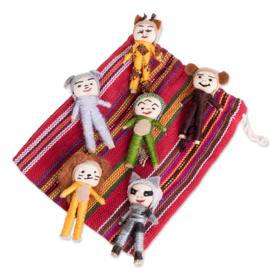 Cotton decorative dolls, 'Jungle Quitapenas' (set of 6) - Jungle-Themed Cotton Decorative Worry Dolls (Set of 6)