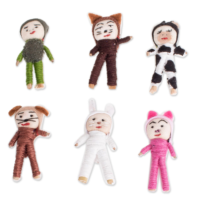 Dekopuppen aus Baumwolle, „Quitapenas Amigos“ (6er-Set) - Deko-Sorgenpuppen aus Baumwolle mit Tiermotiven (6er-Set)