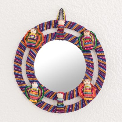 Cotton wall mirror, 'Quitapenas Harmony' - Colorful Cotton Wall Mirror with Worry Dolls from Guatemala