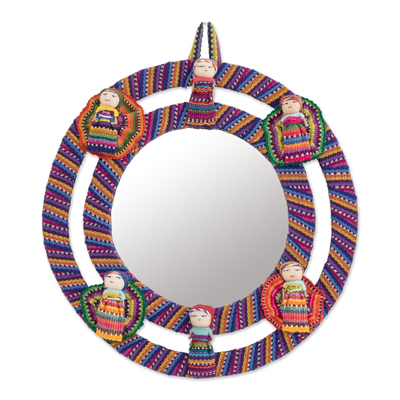 Cotton wall mirror, 'Quitapenas Harmony' - Colorful Cotton Wall Mirror with Worry Dolls from Guatemala