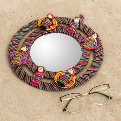 Cotton wall mirror, 'Quitapenas Harmony' - Colorful Cotton Wall Mirror with Worry Dolls from Guatemala