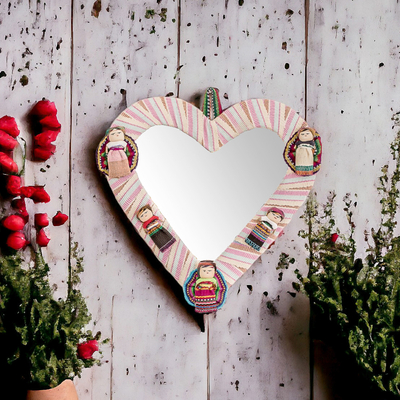 Espejo de pared de algodón - Espejo de pared de algodón en forma de corazón con Worry Dolls