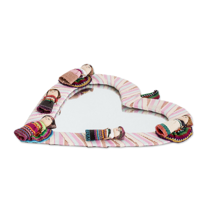 Cotton wall mirror, 'Quitapenas Heart' - Heart-Shaped Cotton Wall Mirror with Worry Dolls