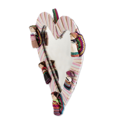 Cotton wall mirror, 'Quitapenas Heart' - Heart-Shaped Cotton Wall Mirror with Worry Dolls