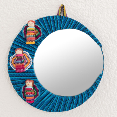 Cotton wall mirror, 'Quitapenas Moon' - Crescent-Shaped Cotton Wall Mirror with Worry Dolls