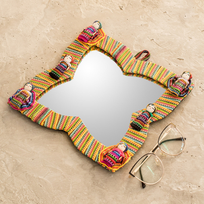 Cotton wall mirror, 'Quitapenas Beauty' - Colorful Cotton Wall Mirror with Worry Dolls from Guatemala