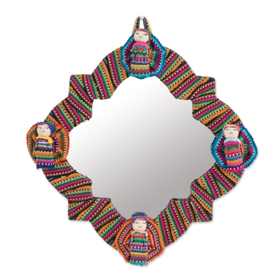 Handmade Cotton Wall Mirror with Worry Dolls from Guatemala