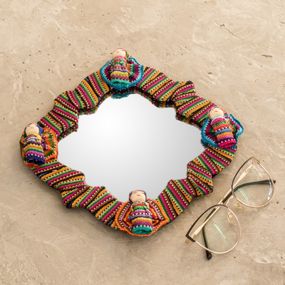 Cotton wall mirror, 'Quitapenas Happiness' - Handmade Cotton Wall Mirror with Worry Dolls from Guatemala