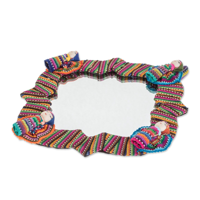 Cotton wall mirror, 'Quitapenas Happiness' - Handmade Cotton Wall Mirror with Worry Dolls from Guatemala