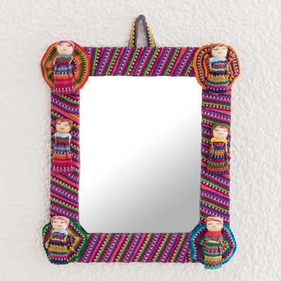 Cotton wall mirror, 'Quitapenas Rectangle' - Rectangular Cotton Wall Mirror with Worry Dolls