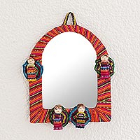 Cotton wall mirror, 'Quitapenas Arch' - Arch-Shaped Cotton Wall Mirror with Worry Dolls