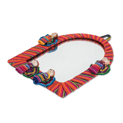 Cotton wall mirror, 'Quitapenas Arch' - Arch-Shaped Cotton Wall Mirror with Worry Dolls