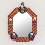 Cotton wall mirror, 'Quitapenas Octagon' - Octagonal Cotton Wall Mirror with Worry Dolls from Guatemala