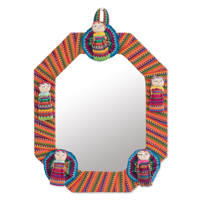 Cotton wall mirror, 'Quitapenas Octagon' - Octagonal Cotton Wall Mirror with Worry Dolls from Guatemala