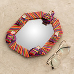 Cotton wall mirror, 'Quitapenas Octagon' - Octagonal Cotton Wall Mirror with Worry Dolls from Guatemala