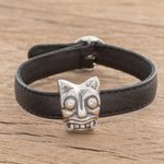 Sterling silver and leather pendant bracelet, 'Iximche Jaguar' - Archaeological Sterling Silver and Leather Jaguar bracelet