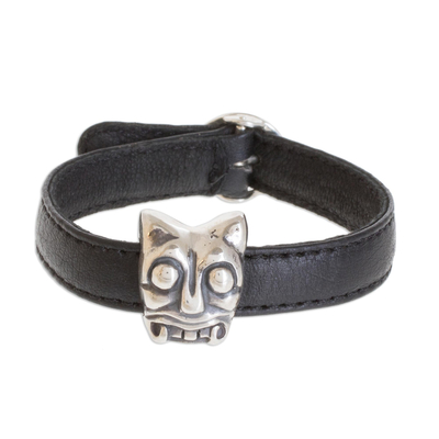 Sterling silver and leather pendant bracelet, 'Iximche Jaguar' - Archaeological Sterling Silver and Leather Jaguar bracelet