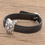 Sterling silver and leather pendant bracelet, 'Iximche Jaguar' - Archaeological Sterling Silver and Leather Jaguar bracelet