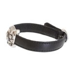 Sterling silver and leather pendant bracelet, 'Iximche Jaguar' - Archaeological Sterling Silver and Leather Jaguar bracelet