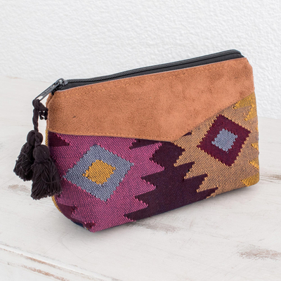 Cotton cosmetic bag, 'Geometric Femininity' - Geometric Cotton Cosmetic Bag with Faux Leather Accent