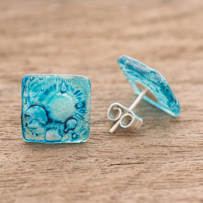 Recycled CD stud earrings, 'Bubble Explosion in Blue' - Recycled CD Stud Earrings in Blue from Guatemala