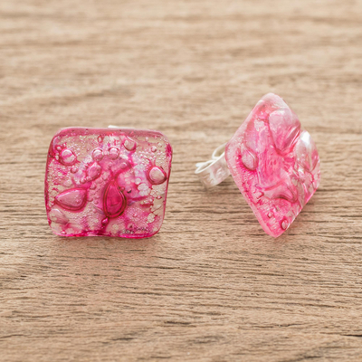 Recycled CD stud earrings, 'Bubble Explosion in Pink' - Recycled CD Stud Earrings in Pink from Guatemala