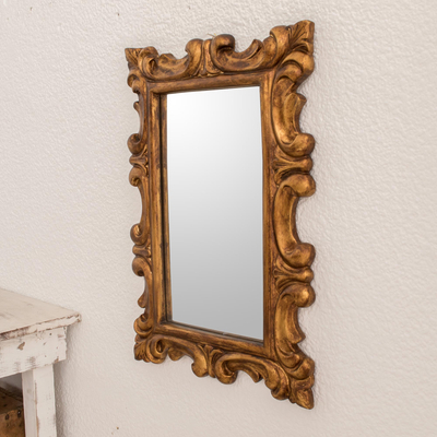 Wood wall mirror, 'Elegant Duchy' - Curl Motif Conacaste Wood Wall Mirror from Guatemala