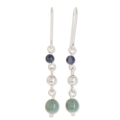 Jade and lapis lazuli dangle earrings, 'Subtle Combination' - Round Jade and Lapis Lazuli Dangle Earrings from Guatemala