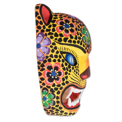 Wood mask, 'Jaguar Guardian' - Hand-Painted Wood Jaguar Mask from Guatemala