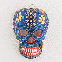 Wood mask, 'Life and Happiness' - Hand-Painted Blue Floral Wood Skull Mask from Guatemala