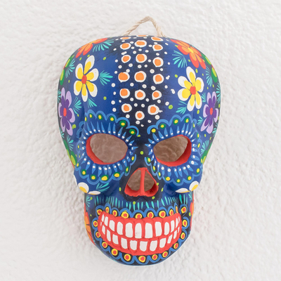 Wood mask, 'Life and Happiness' - Hand-Painted Blue Floral Wood Skull Mask from Guatemala