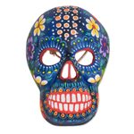 Wood mask, 'Life and Happiness' - Hand-Painted Blue Floral Wood Skull Mask from Guatemala